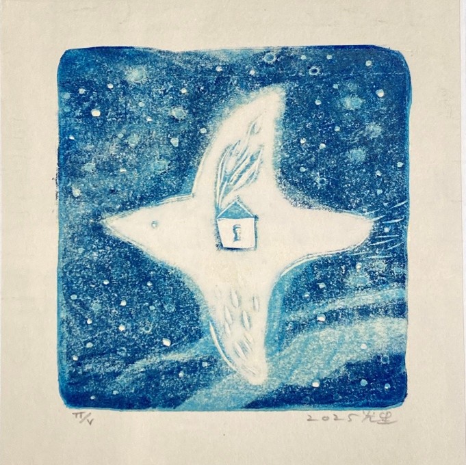 「月風をつれて」200×200 2025年作 木版