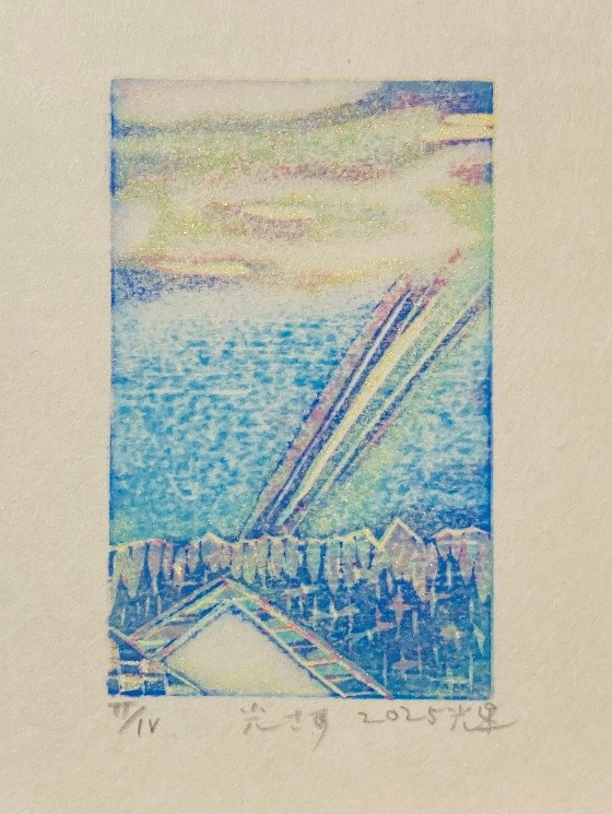 「光さす」150×10mm 2025年作 木版